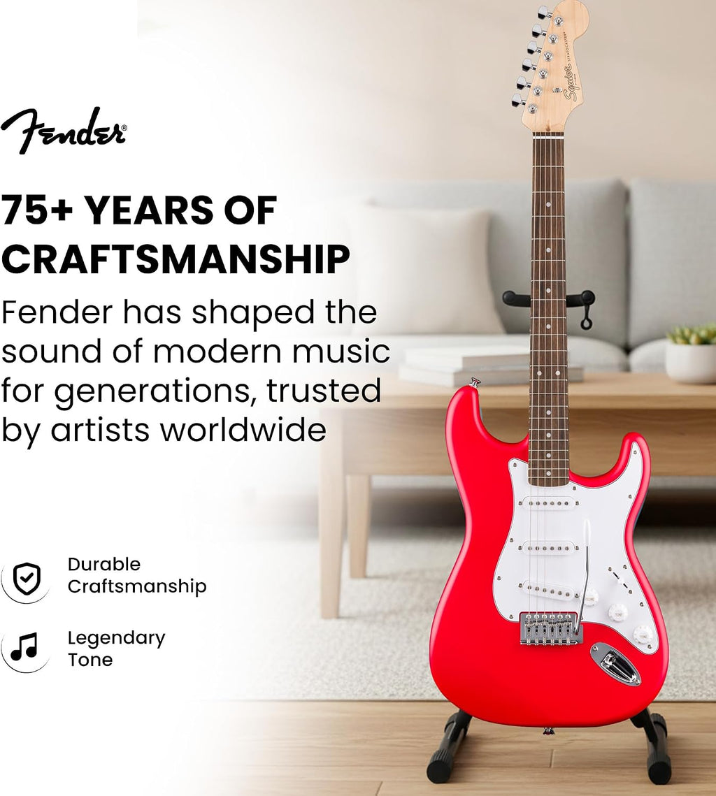 Fender Squier Stratocaster - Torino Red Bundle with Amplifier, Gig Bag, Strap, Instrument Cable, Picks, and Austin Bazaar Instructional DVD