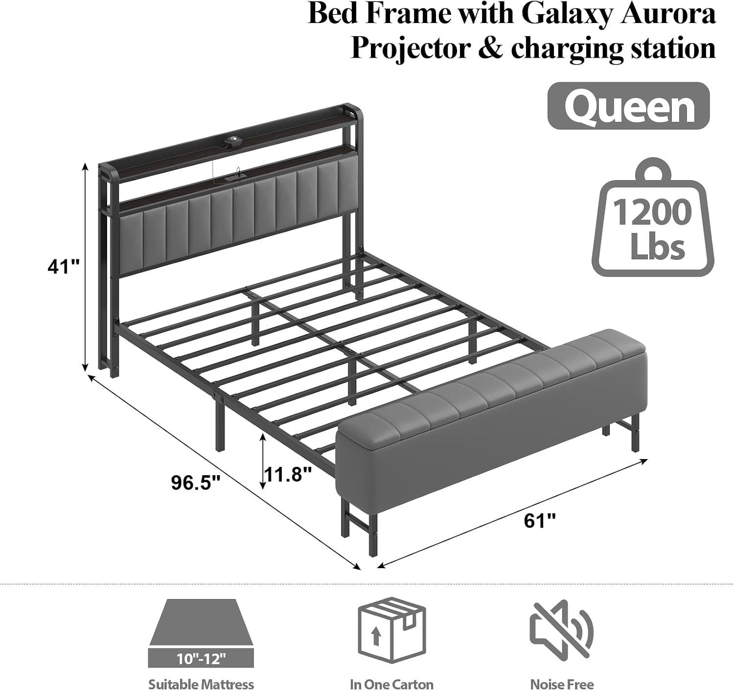 Queen Size Bed Frame with Star Projector & Charging Station, PU Leather Upholstered Platform with 2-Tier Storage Headboard & Storage Ottoman, Metal Support, Noise-Free, No Box Spring Needed, Grey