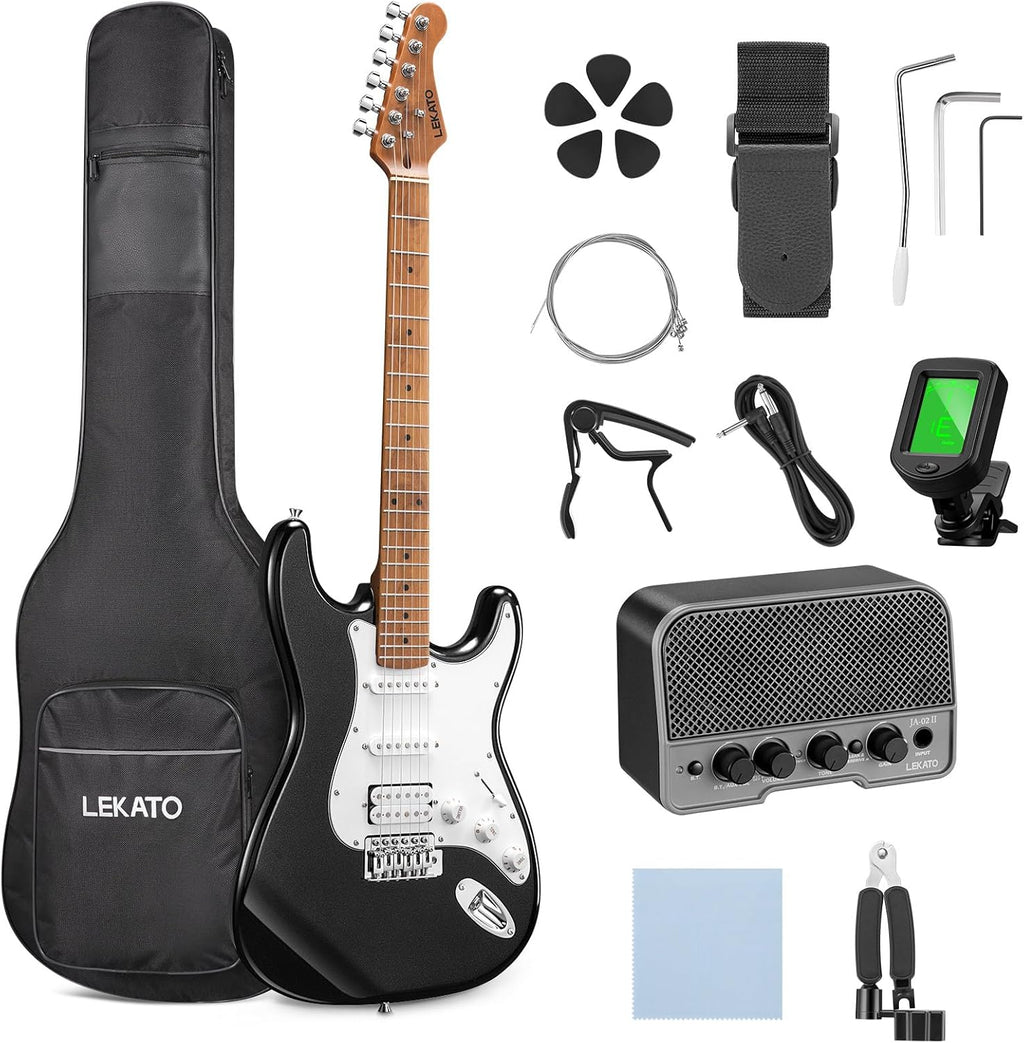 LEKATO Electric Guitar Kit Beginner 39 Inch Full Size Solid Body Guitar HSS for Starter Roasted Maple Neck Fretboard Stainless Steel Frets, 5W Mini Amp, Bag, Tuner, Capo, Strap, String, Picks- Black