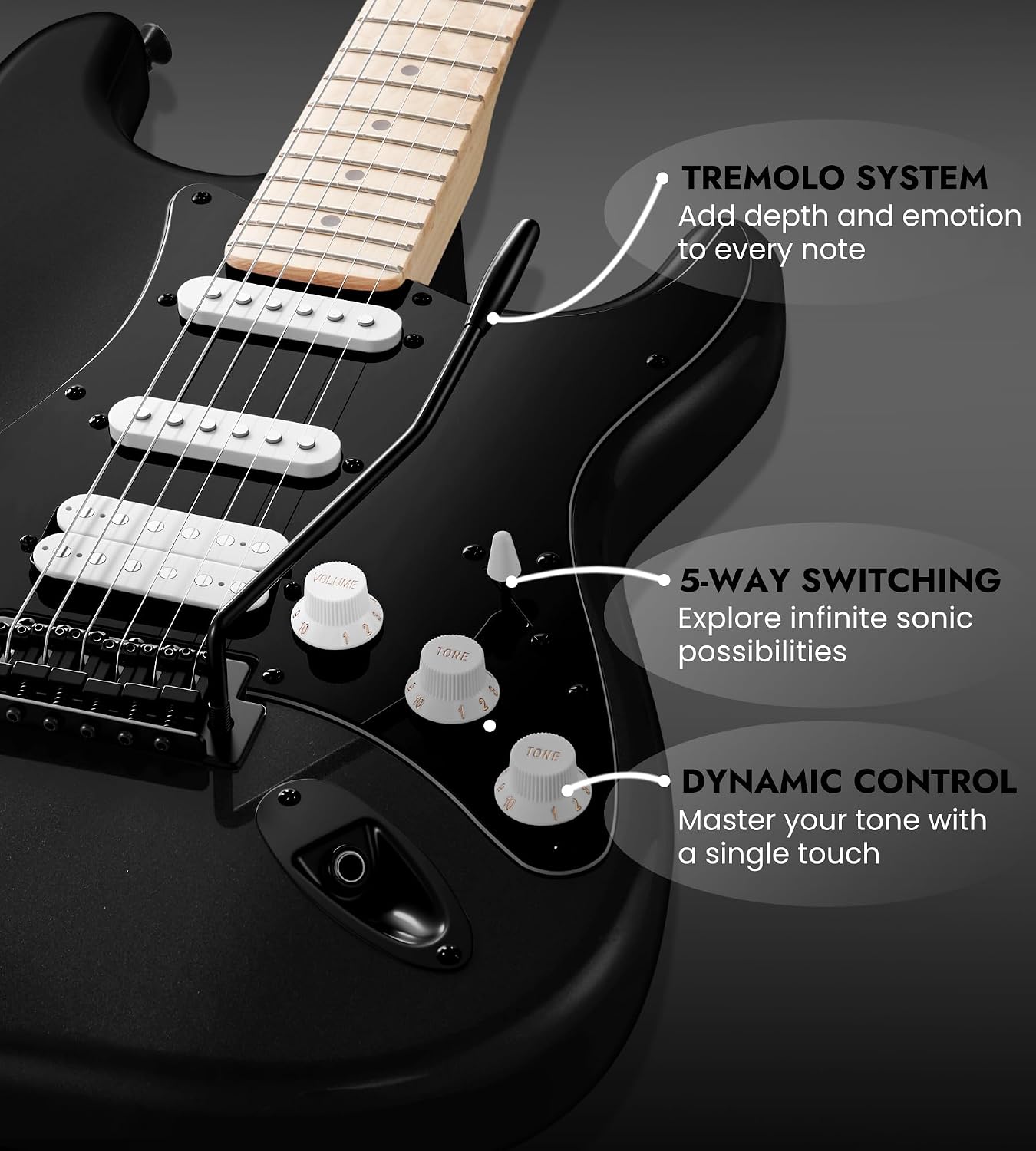Tostar Electric Guitar 39' Kit for Beginners 6 String Bundle with Amp HSS Pickup with Gig Bag,Capo,Tremolo, Strap, Picks Black Electric Guitars Full Size for Gifts