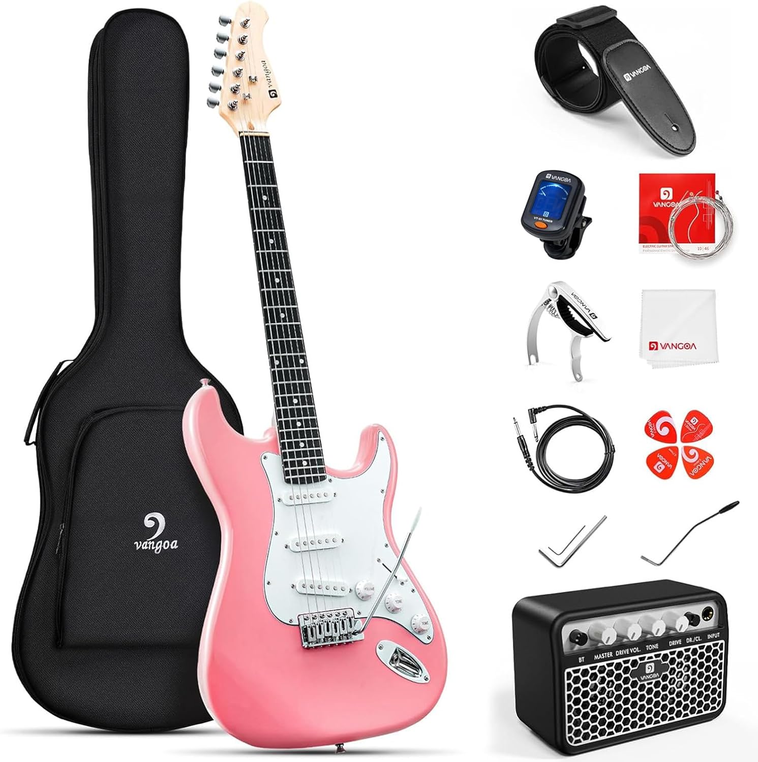 Vangoa 39 Inch Full Size Electric Guitar Beginner Kit Solid Body Pink SSS Pickups with Amp, Bag, Tremolo Bar, Strings, Tuner, Picks, Strap, Capo, Cable for Starter Girls Adults Teens