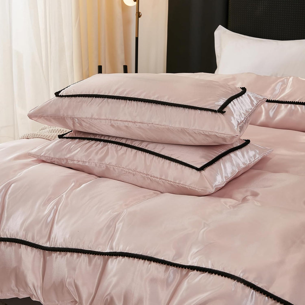 Herside Pink Mocha Satin Comforter Set 7 Pcs King Size Bed in a Bag Luxury Satin Bedding Set with Comforter Pillowcases and Sheets Sets Mini Pompoms Design Super Soft Silky Bed Set for All Seasons