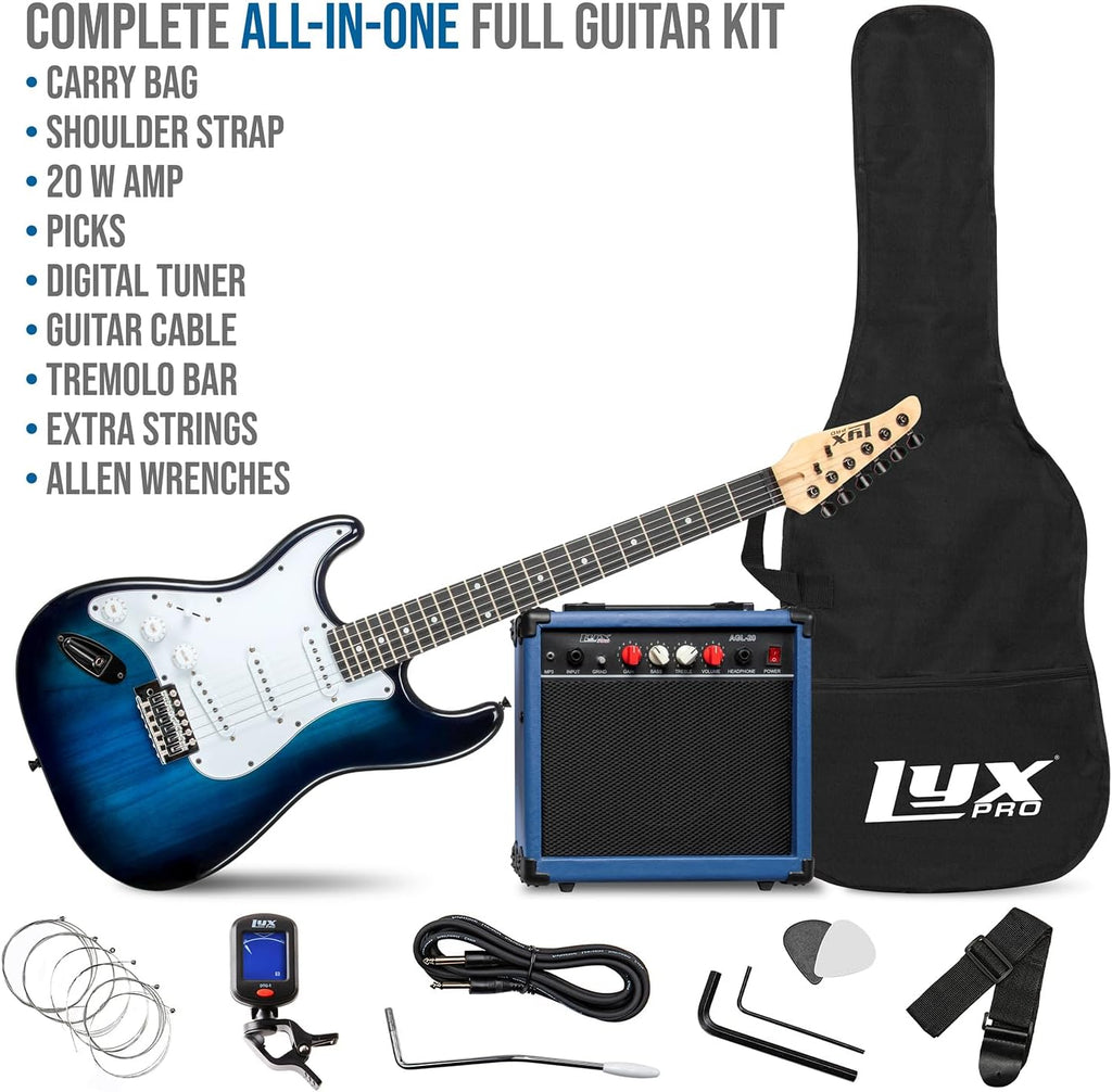 LyxPro Left Hand 39 Inch Electric Guitar and Starter Kit for Lefty Full Size Beginner's Guitar, Amp, Six Strings, Two Picks, Shoulder Strap, Digital Clip On Tuner, Cable and Soft Case - Blue