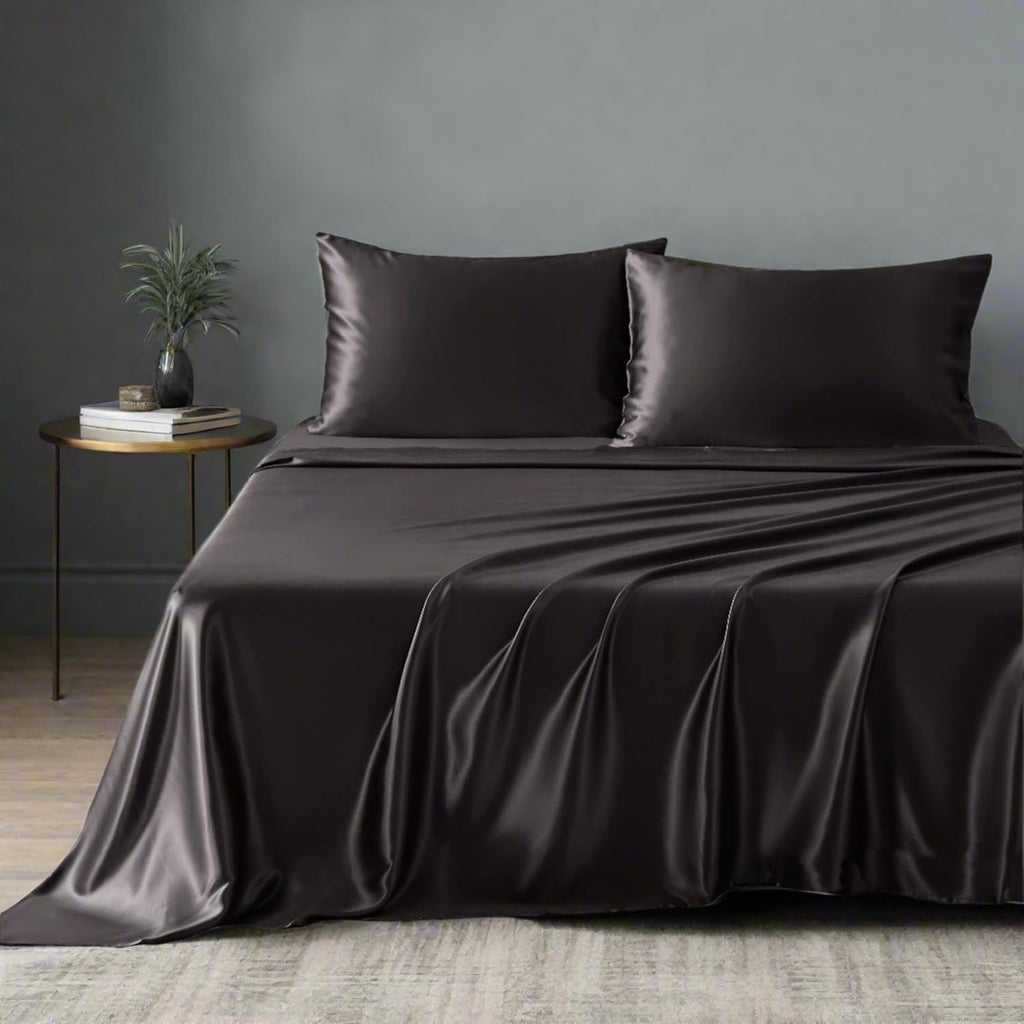 Mulberry Park 100% Pure Mulberry Silk 4-Piece Sheet Set - 19 Momme, Grade 6A - Oeko-TEX Certified - Black, Queen