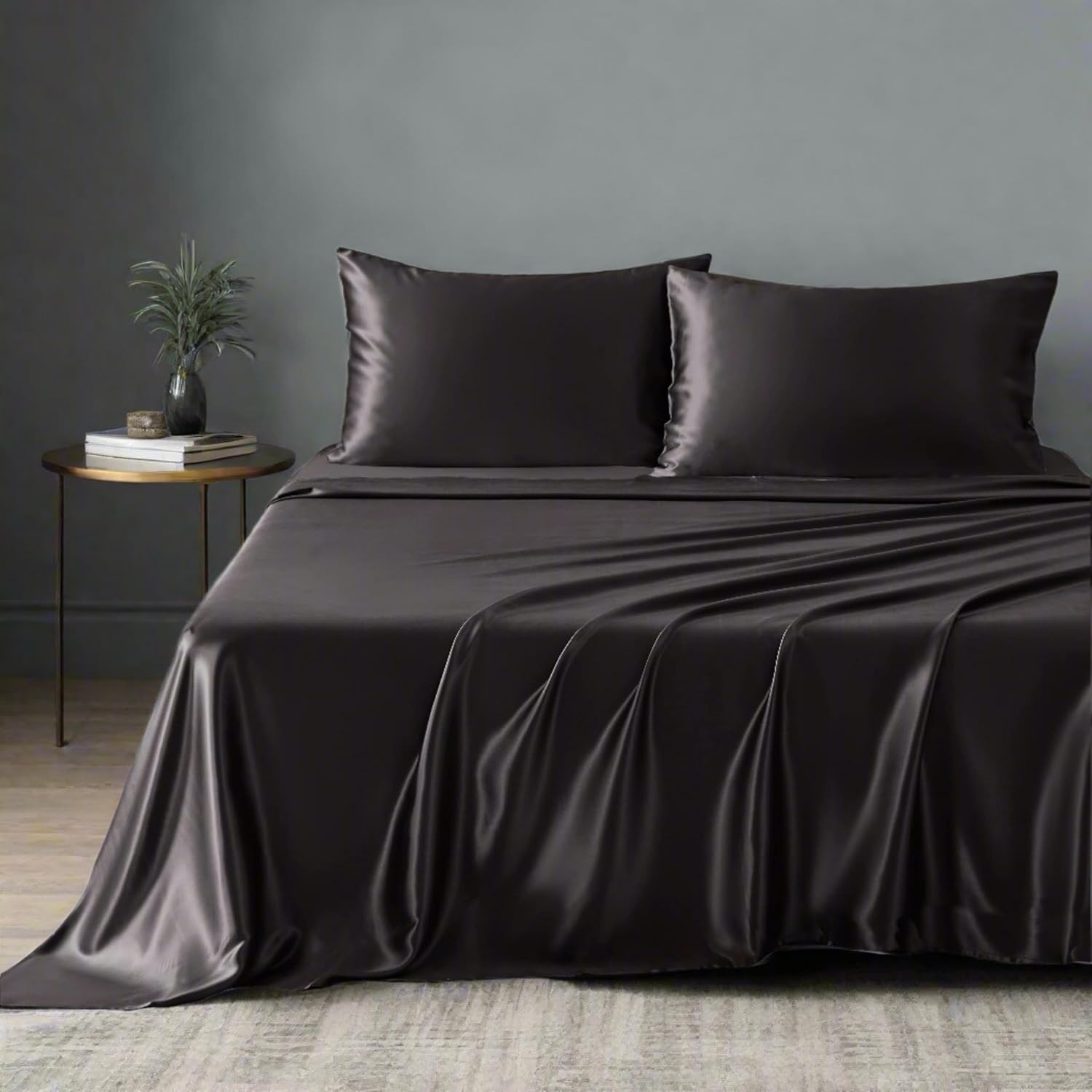 Mulberry Park 100% Pure Mulberry Silk 4-Piece Sheet Set - 19 Momme, Grade 6A - Oeko-TEX Certified - Black, Queen