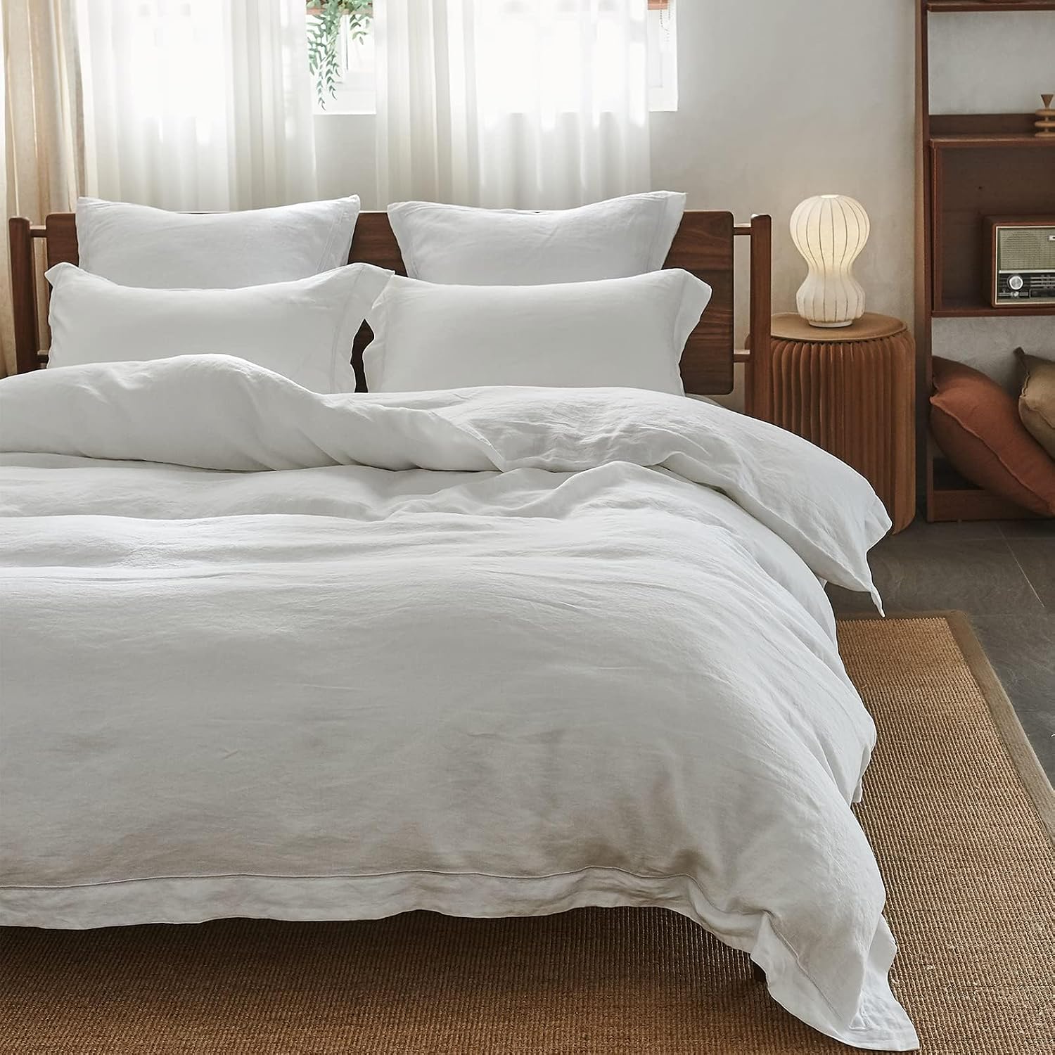 Simple&Opulence 100% Washed Linen Duvet Cover with Embroidered, 3 Pieces Soft Farmhouse Comforter Set with Button Closure,1 Duvet Cover and 2 Pillowshams(Queen, White)
