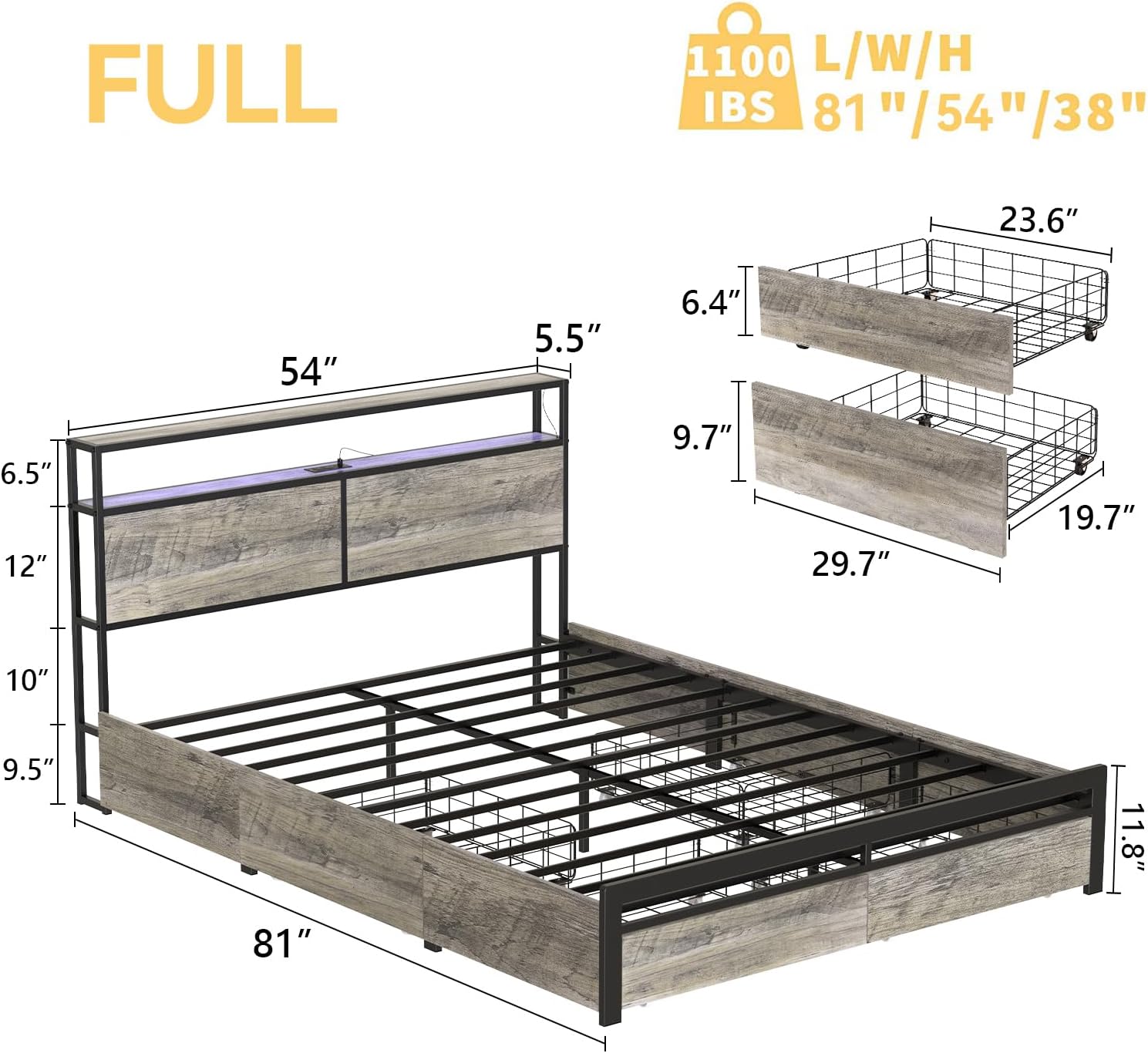HAUSOURCE LED Bed Frame Full Size with Headboard & 4 Storage Drawers Platform Bed Frame with 2 Charging Outlets and 2 USB Ports Strong Metal Slats Support No Box Spring Needed,Greige
