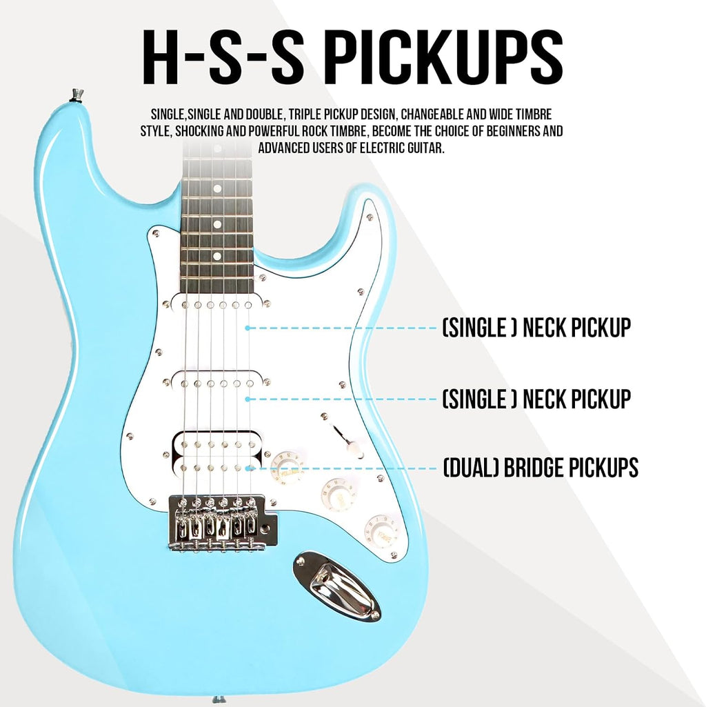 Soulmate 39 Inch Electric Guitar Kit for Beginner Solid Body HSS Full Size Starter Electric Guitar with Amplifier, Bag, Capo, Strap, String,Cable, Picks, Blue