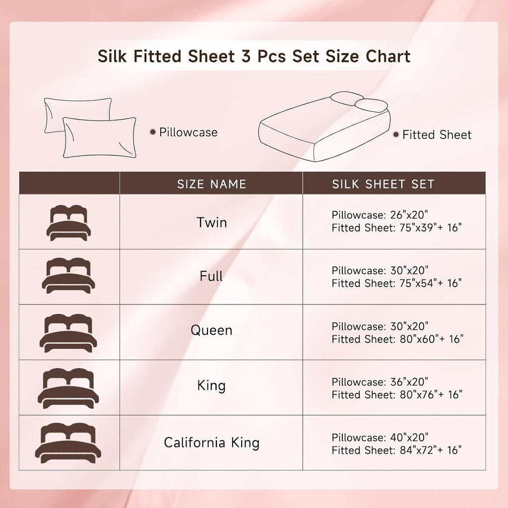 THXSILK 6A+ Top Grade 100% Pure Mulberry Silk King Fitted Sheet 3Pcs Set Bed Sheets Luxury Bedding for Hair and Skin Healthy Natural Materials, 1 Fitted Sheet with 2 Pillowcases, Charming Pink