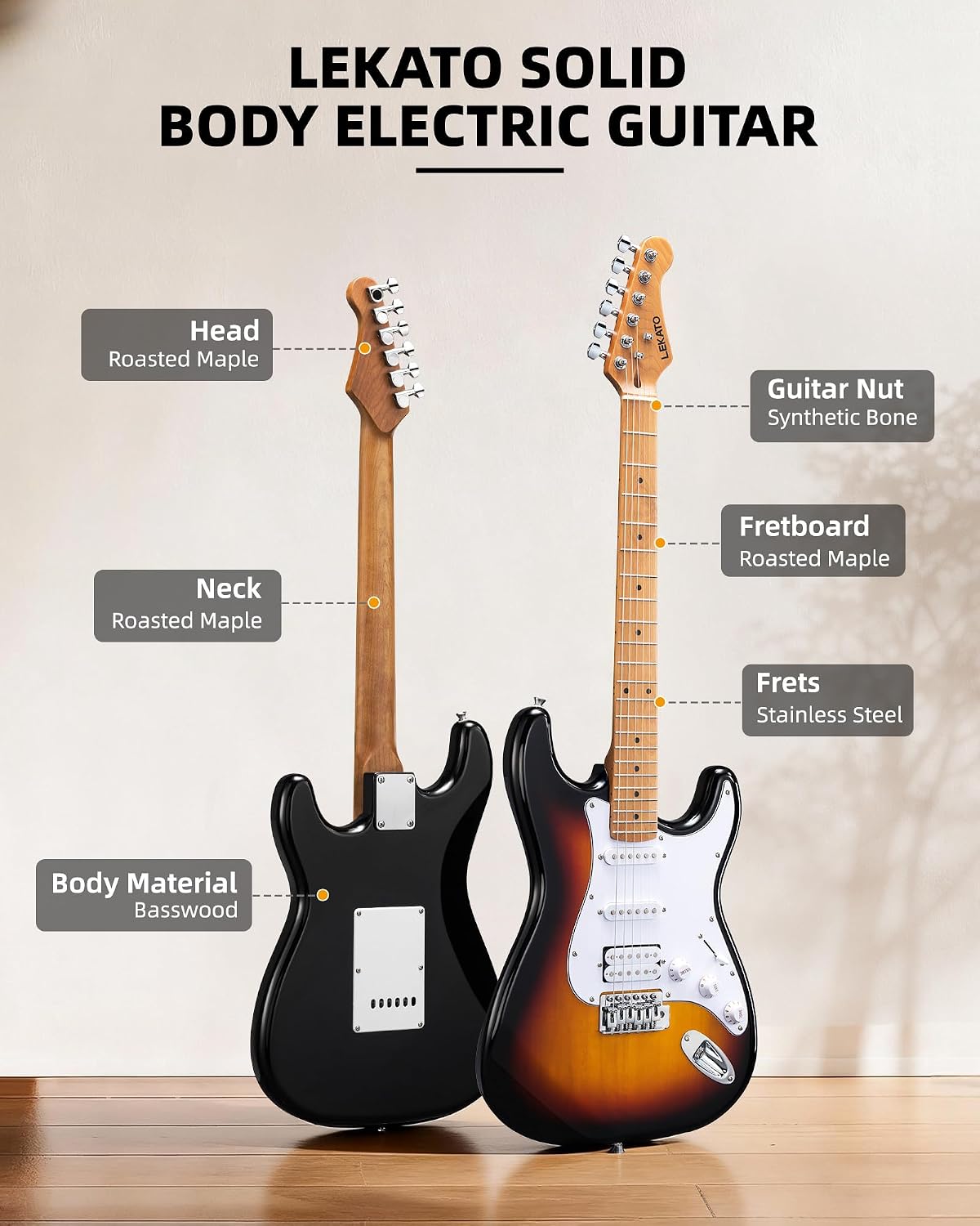 LEKATO Electric Guitar Kit Beginner 39 Inch Full Size Solid Body Guitar HSS for Starter Roasted Maple Neck Fretboard Stainless Steel Frets, 5W Mini Amp, Bag, Tuner, Capo, Strap, String, Picks-Sunburst