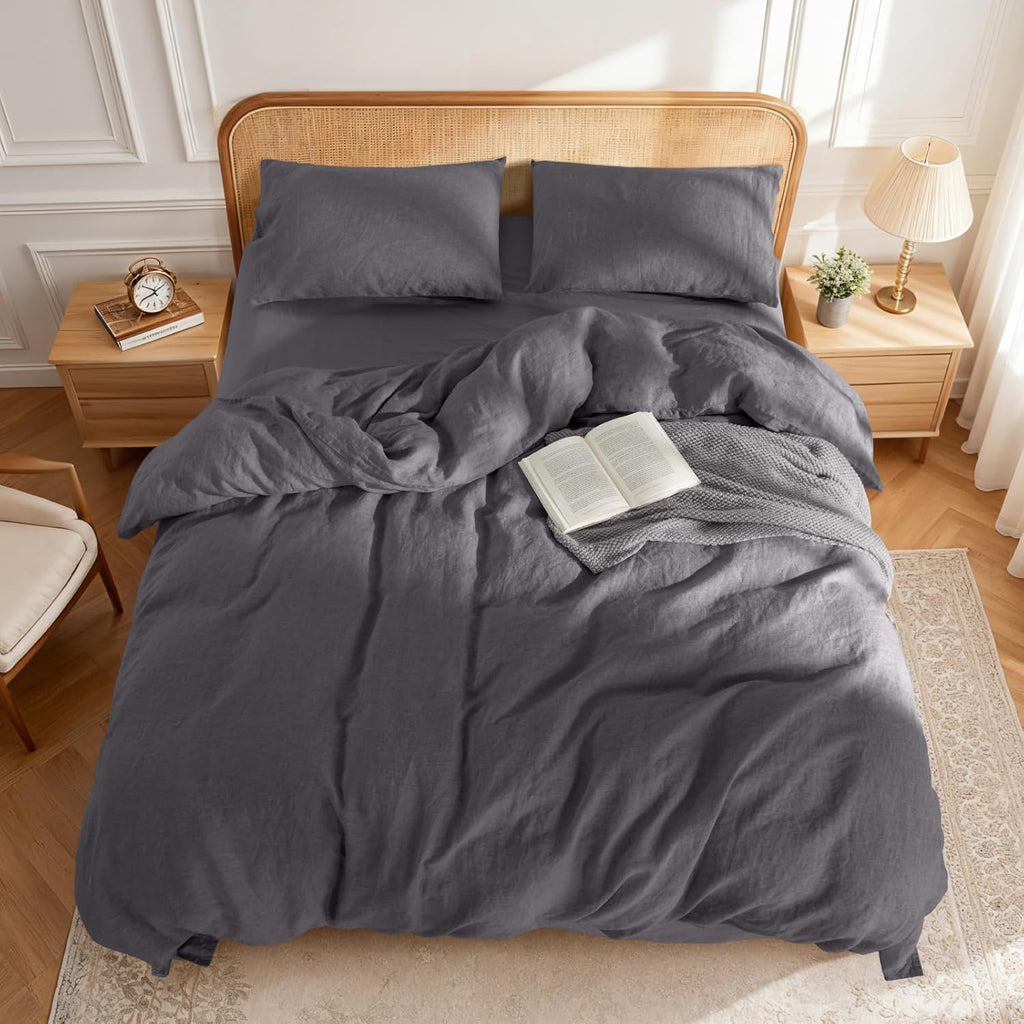 LBRO2M 100% France Linen Duvet Cover Set 3 Pcs Including 1 Flax Comforter Cover with Zipper Closure, 2 Pillowcase, Cozy Duvet Cover California King Size, Dark Gray