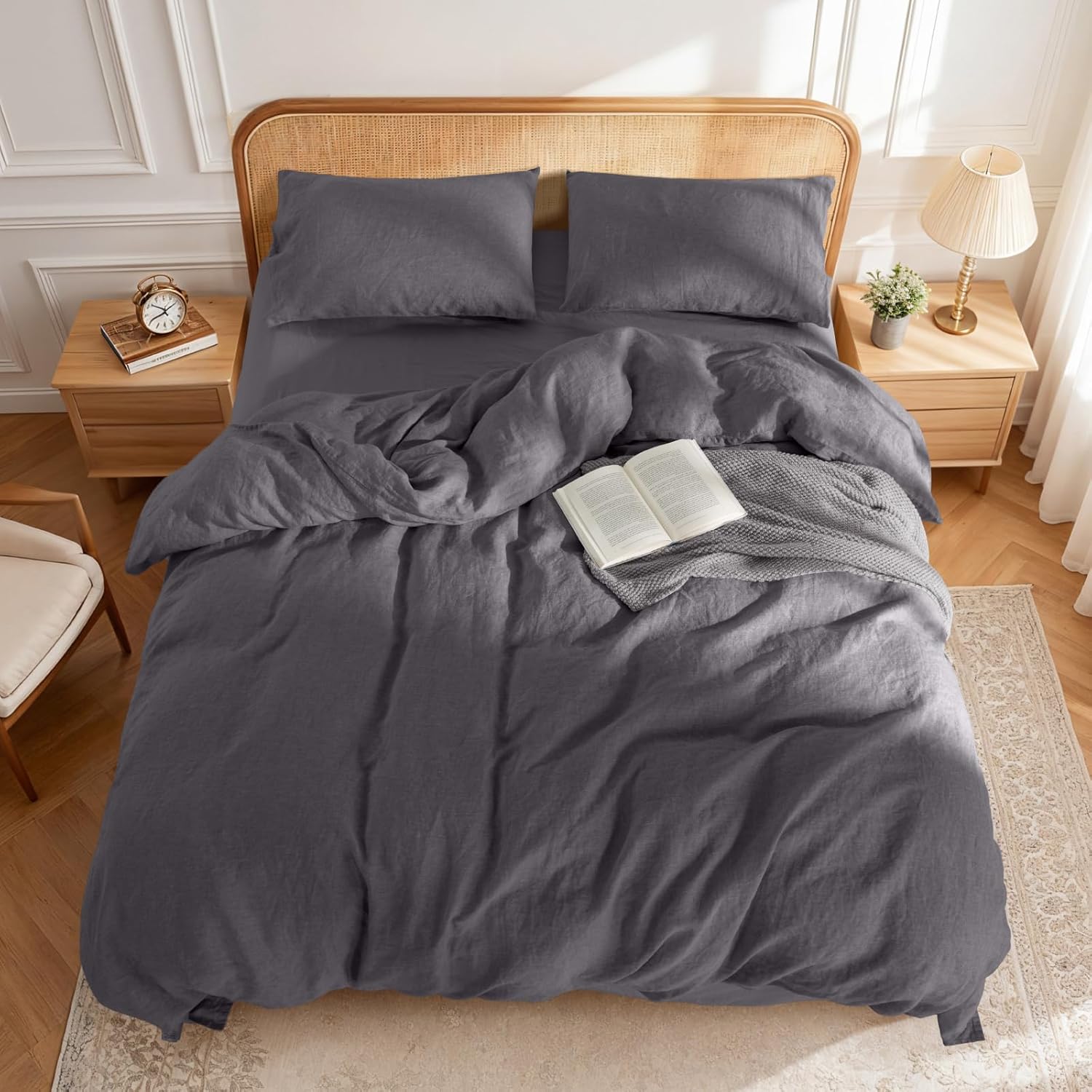 LBRO2M 100% France Linen Duvet Cover Set 3 Pcs Including 1 Flax Comforter Cover with Zipper Closure, 2 Pillowcase, Cozy Duvet Cover California King Size, Dark Gray