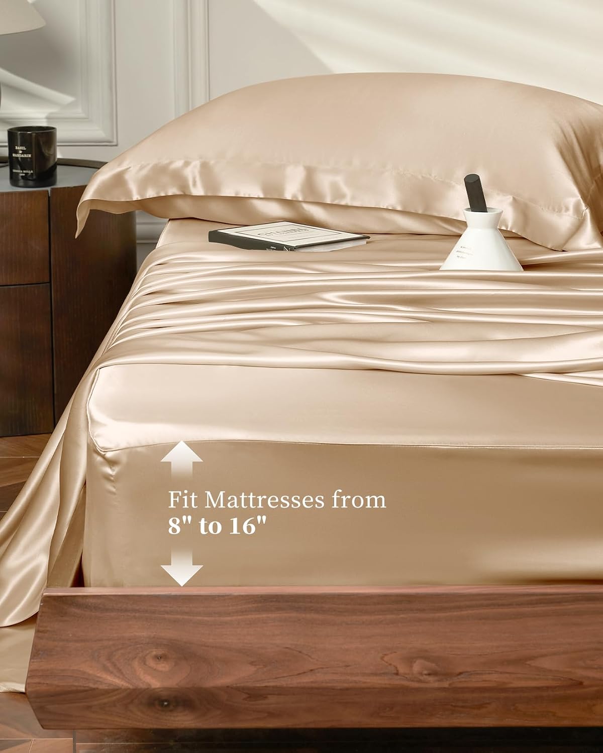 THXSILK 4pcs Silk Bed Sheets Set, 100% Long Stranded 25 Momme Mulberry Silk Bedding Set, Sheets and Pillowcase Set, Extremely Soft and Luxurious (Champagne, Queen)