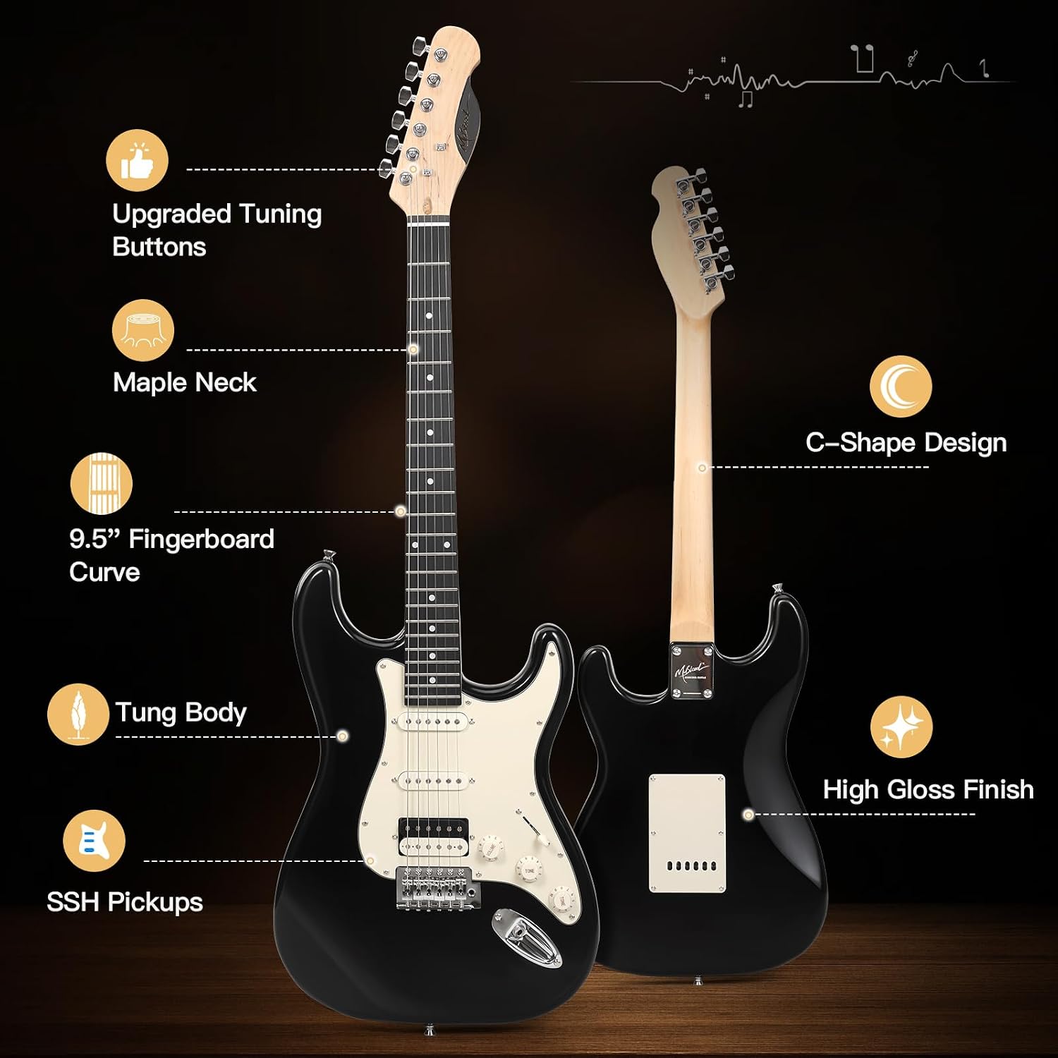 Musicool 39 Inch Electric Guitar Starter Kit– HSS Pickups Solid Body Electric Guitar Includes Amplifier, Bag, Digital Tuner, Strap, String, Cable, Picks, Beginner Gift（Black）
