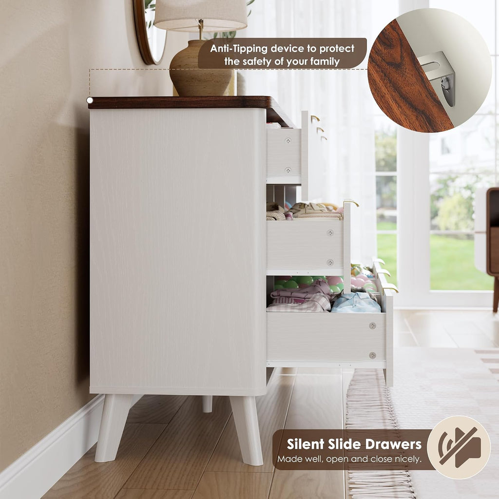 GarveeHome Fluted Dresser for Bedroom with 9 Deep Drawers, 60.6 in Wide Modern Chest of Drawers, Wooden Dresser TV Stand, Curved Profile Design, for Living Room, Kids Room, Hallway, White