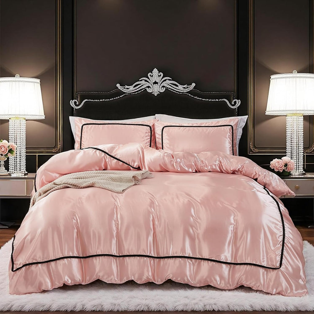 Herside Pink Satin Comforter Set 7 Pieces King Size Bed in a Bag Luxurious Satin Bedding Set with Comforter Pillowcases and Sheets Sets Mini Pompoms Design Super Soft Silky Bed Set for All Seasons