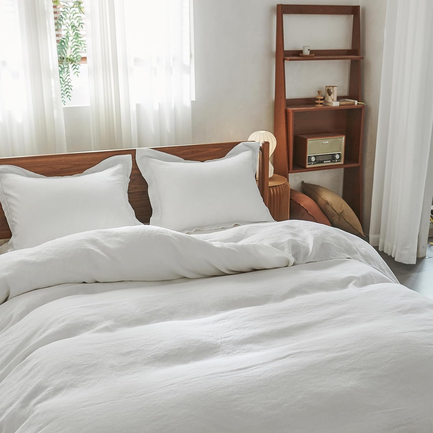 Simple&Opulence 100% Washed Linen Duvet Cover Set with Embroidered, 3 Pieces Soft Farmhouse Comforter Set with Button Closure,1 Duvet Cover and 2 Pillowshams(King,White)