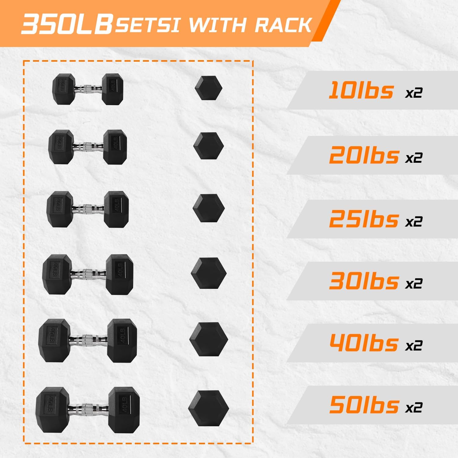 6-10 Pair Iron and Rubber Coated Dumbbell Set 350/450/550 lbs 5-50 lbs Hand Free Weight for Strength Hex Rubber Weights with Vertical Storage Rack Fitness Home Gym Equipment