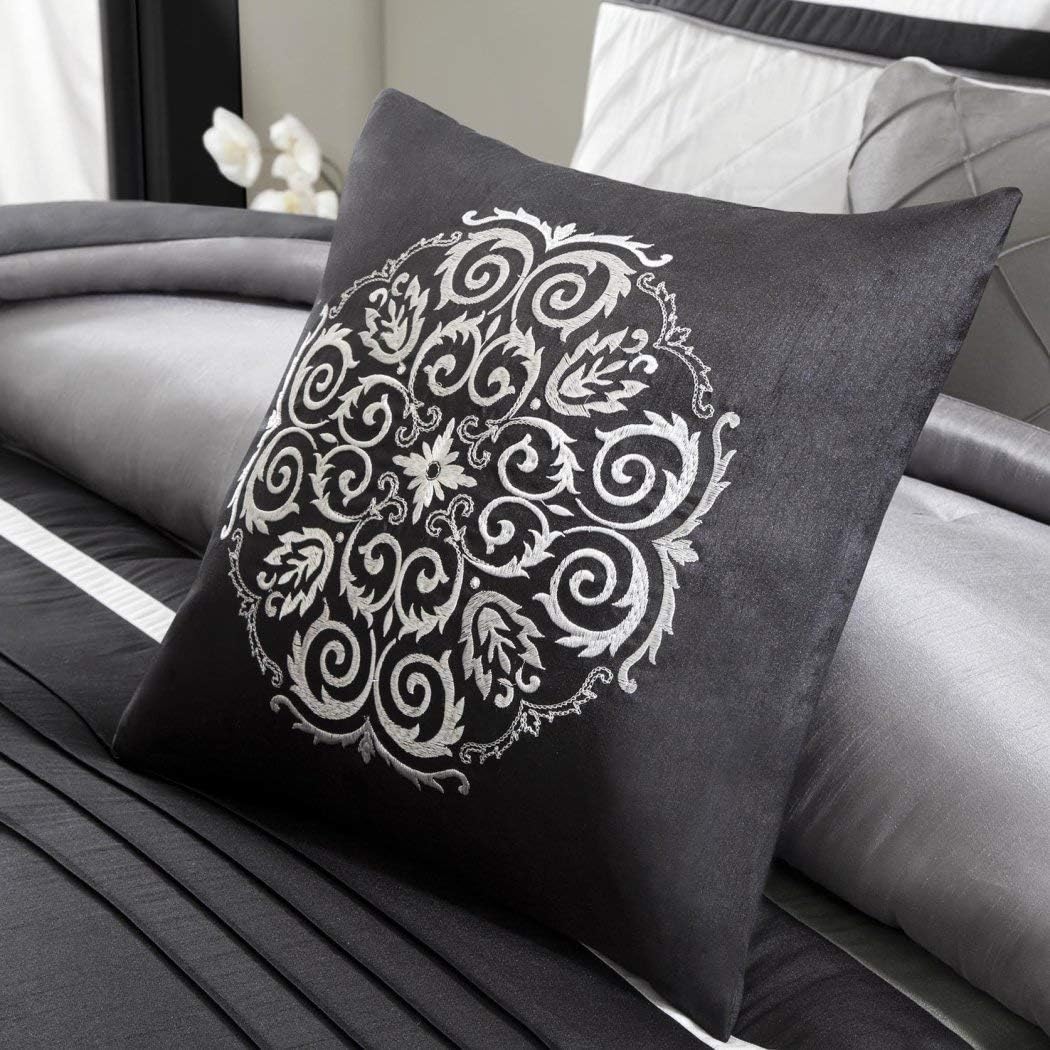 7 Piece Silver Grey Black Striped Comforter King Set, Gray White Adult Bedding Master Bedroom Stylish Patchwork Pintuck Pattern Elegant Themed Traditional Monochromatic Polyester Stripe