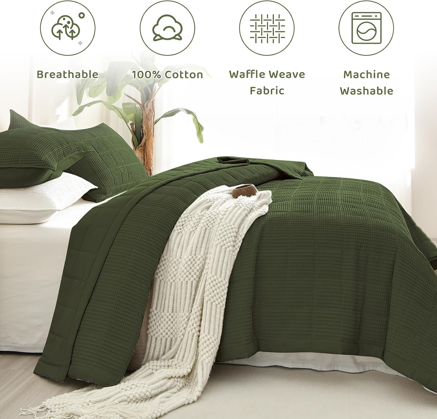 Sanracie Oversized King Quilt (120'x120'), Cotton Olive Green Waffle Weave Quilt Bedding Set 3Pcs Extra Wide Large Soft Breathable Luxury Aesthetic Bedding Coverlet for All Season
