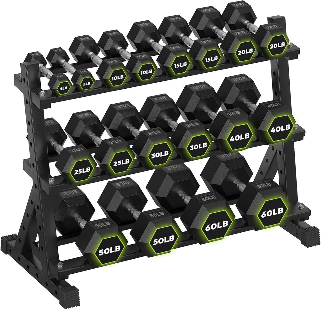HANDBODE 3-Tier Dumbbell Rack Stand, 1000LB Capacity Storage Rack, Weight Rack for Dumbbells, Kettlebell, 390–700 lb Rubber Coated Fixed Weight Sets, Home Gym Strength Training Equipment