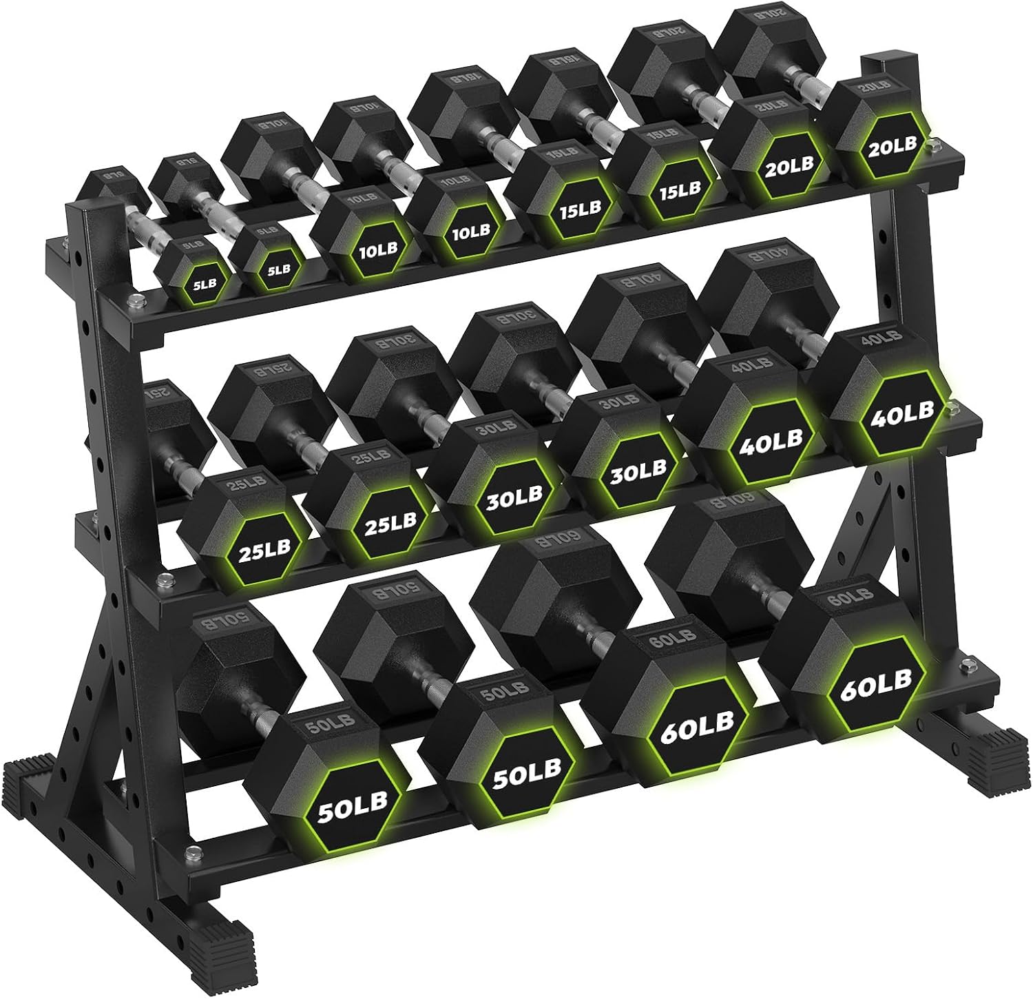 HANDBODE 3-Tier Dumbbell Rack Stand, 1000LB Capacity Storage Rack, Weight Rack for Dumbbells, Kettlebell, 390–700 lb Rubber Coated Fixed Weight Sets, Home Gym Strength Training Equipment