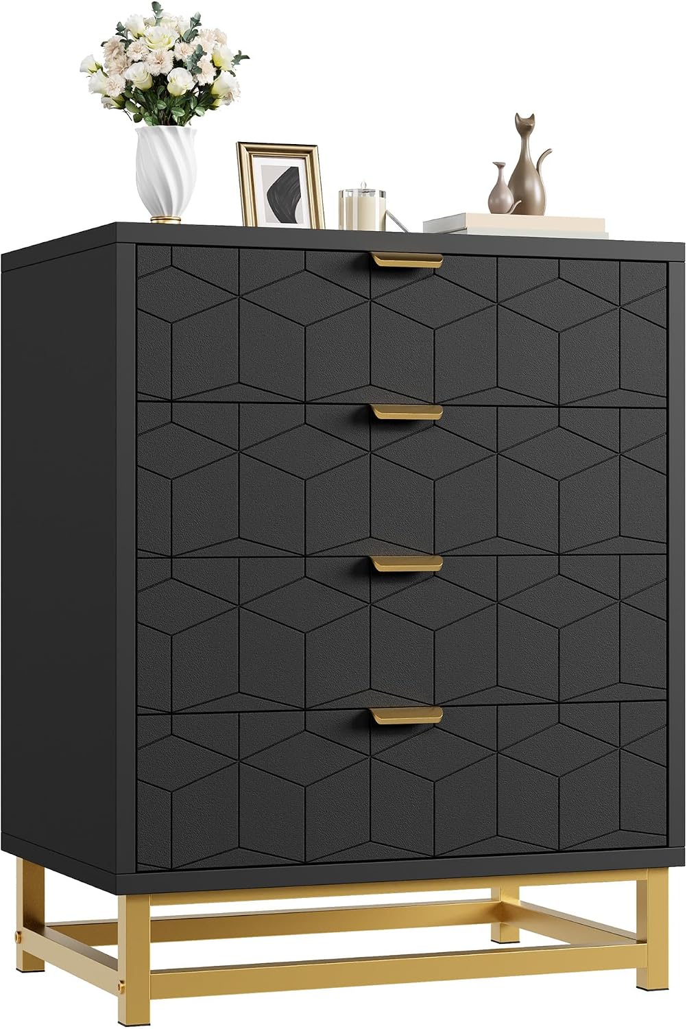 IDEALHOUSE Black Dresser for Bedroom, 4 Drawer Dresser with Metal Legs, Modern Dressers Chest Organizer with Wide Storage, Chest of Drawers for Bedroom, Living Room, Entryway