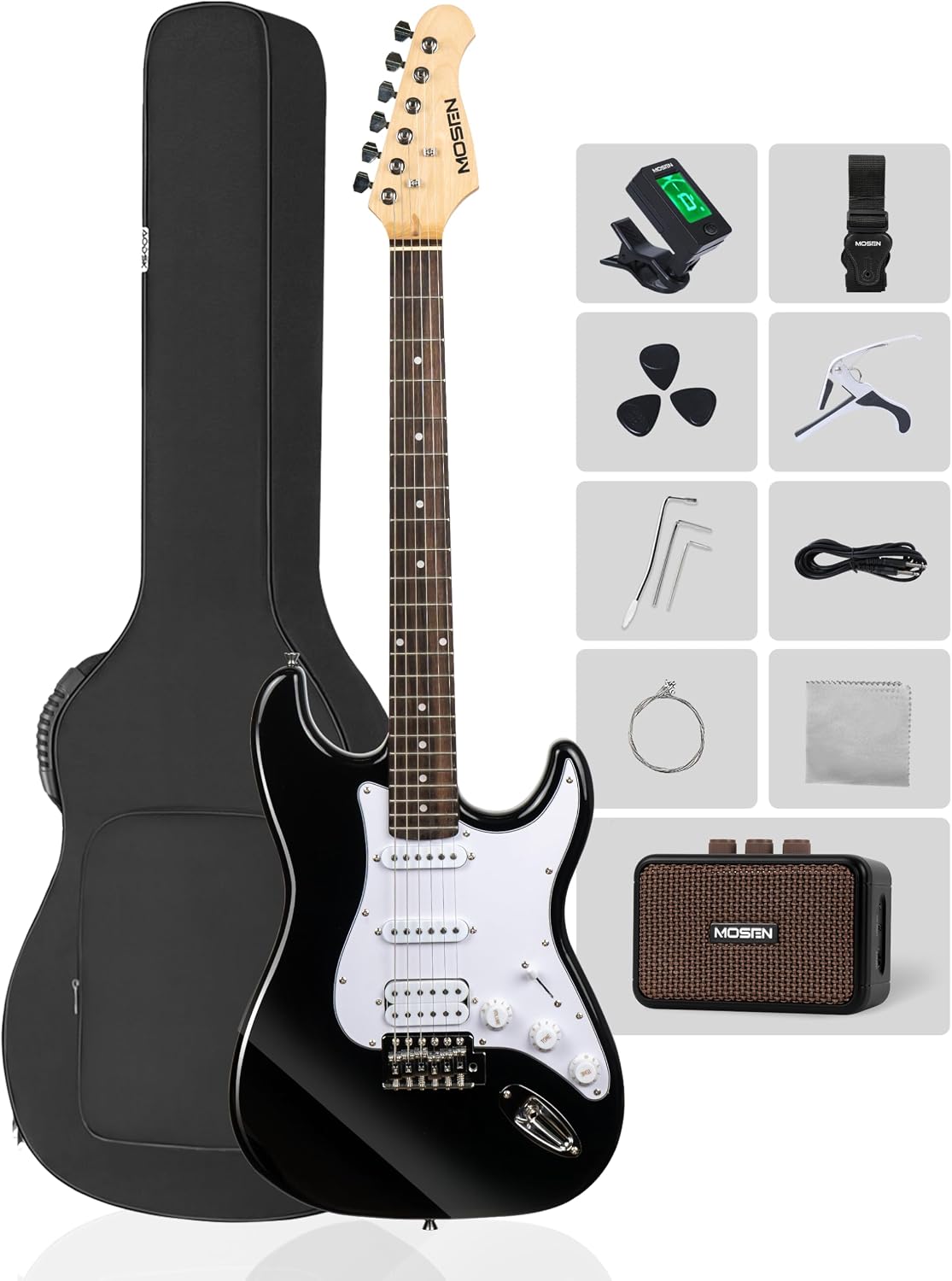 MOSEN Beginner Electric Guitar 39 inch Solid Body, HSS Pickup with Coil Split, Full Size Guitar Starter Set w/Amp, Gig Bag, Tuner, Capo, Cable, All Accessories,MS-SS60-Black