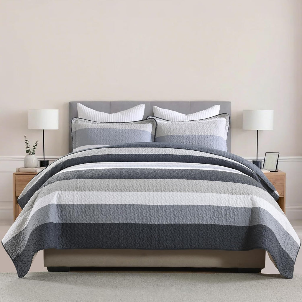 100% Cotton Quilt Set Queen Size, Queen Quilt Bedding Set, Striped Pattern Quilt Bedspread for Queen Bed, Modern Minimalist Bed Spread Lightweight Comforter, 3Pcs, Charcoal-Blue/Gray/White