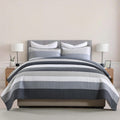 100% Cotton Quilt Set Queen Size, Queen Quilt Bedding Set, Striped Pattern Quilt Bedspread for Queen Bed, Modern Minimalist Bed Spread Lightweight Comforter, 3Pcs, Charcoal-Blue/Gray/White