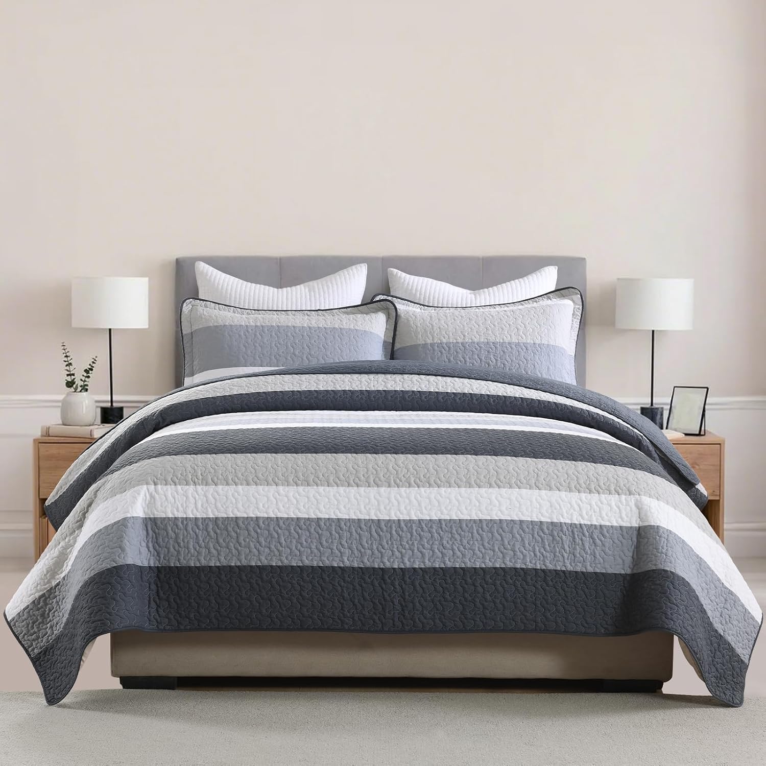 100% Cotton Quilt Set Queen Size, Queen Quilt Bedding Set, Striped Pattern Quilt Bedspread for Queen Bed, Modern Minimalist Bed Spread Lightweight Comforter, 3Pcs, Charcoal-Blue/Gray/White