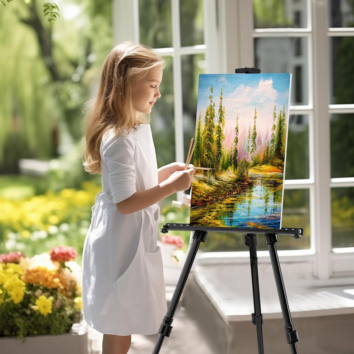 Art Easel for Painting and Display – 6pcs Adjustable Floor 66 Inch Folding Metal Easel Stand for Sign - Table Top Canvas Stand - Portable Drawing Paint Heavy Duty for Artist Adults Holder or Teen
