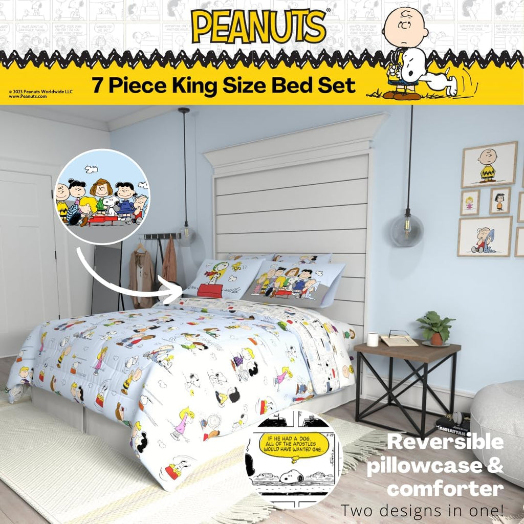 Peanuts® Charlie Brown, Snoopy & Gang Bedding, 7 Piece Super Soft Cozy Reversible Comforter and Sheet Set with Sham, King, (100% Official Licensed Product) by Franco Collectibles
