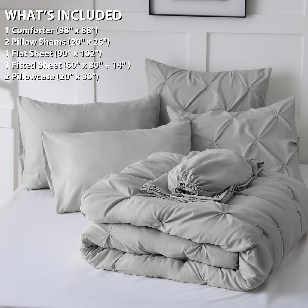 King Size Comforter Set 7 Pieces Bed in a Bag 100% Cotton Light Gray Comforter King Pintuck Bed Sets Pinch Pleat Bedding Sets Comforter, Flat Sheet, Fitted Sheet, Pillowcases & Shams