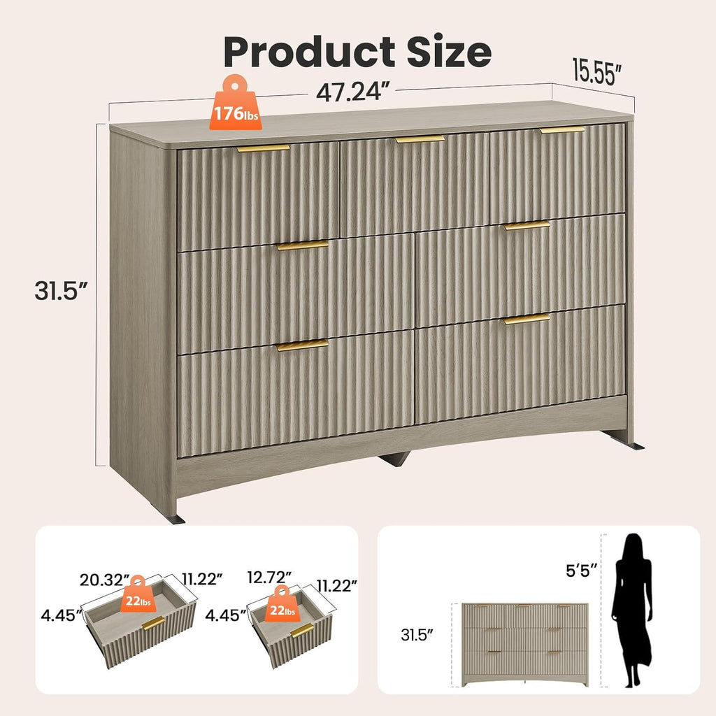 Pipishell Fluted 7 Drawers Dresser for Bedroom, 47' Wooden Drawers with Metal Handle, Dressers with Round Corner Design, Closet Storage Organizer for Bedroom, Hallway, Grey