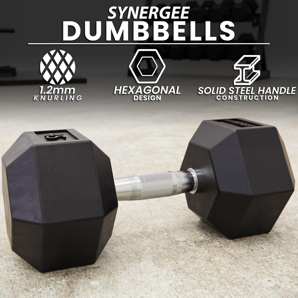 Synergee Rubber Encased Hex Dumbbells with Chrome Handle. All Purpose Weights for Strength & Conditioning Training. Available Size From 2.5 lbs to 50 lbs.