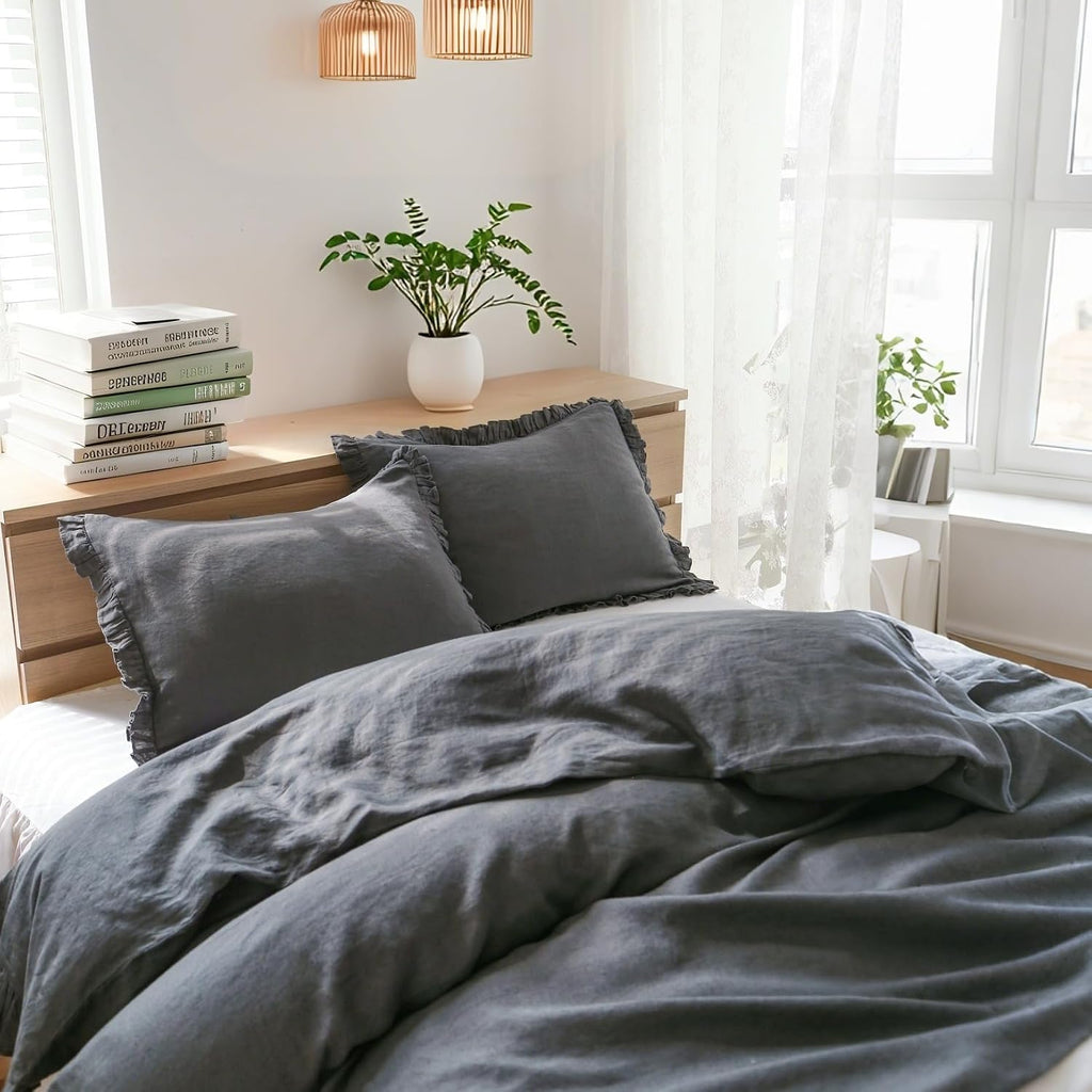 Simple&Opulence 100% Linen Duvet Cover Set, 3 PCS Natural French Flax Dark Grey Ruffle Duvet Cover King Size, Breathable Comfy Linen Bedding Comforter Cover with 2 Pillowcases (Dark Grey, 104' X 92')