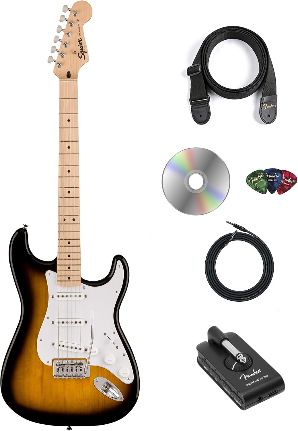 Fender Squier Sonic Stratocaster - 2-Color Sunburst Bundle with Fender Mustang Micro Headphone Amp, Cable, Strap, Picks, and Austin Bazaar Guitar DVD