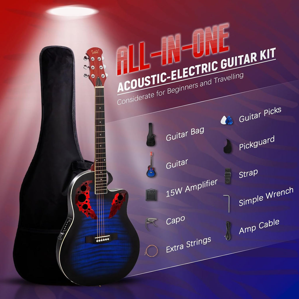 GLARRY 41in Acoustic Electric Guitar, Unique Round-back Design, 6 String Cutaway Guitar Beginner Kit with 15W Amp, EQ, Bag, Strap, Picks, Strings (Blue with AMP, Full-Right Handed)