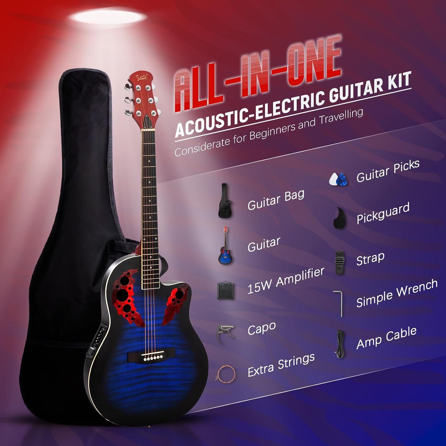 GLARRY 41in Acoustic Electric Guitar, Unique Round-back Design, 6 String Cutaway Guitar Beginner Kit with 15W Amp, EQ, Bag, Strap, Picks, Strings (Blue with AMP, Full-Right Handed)