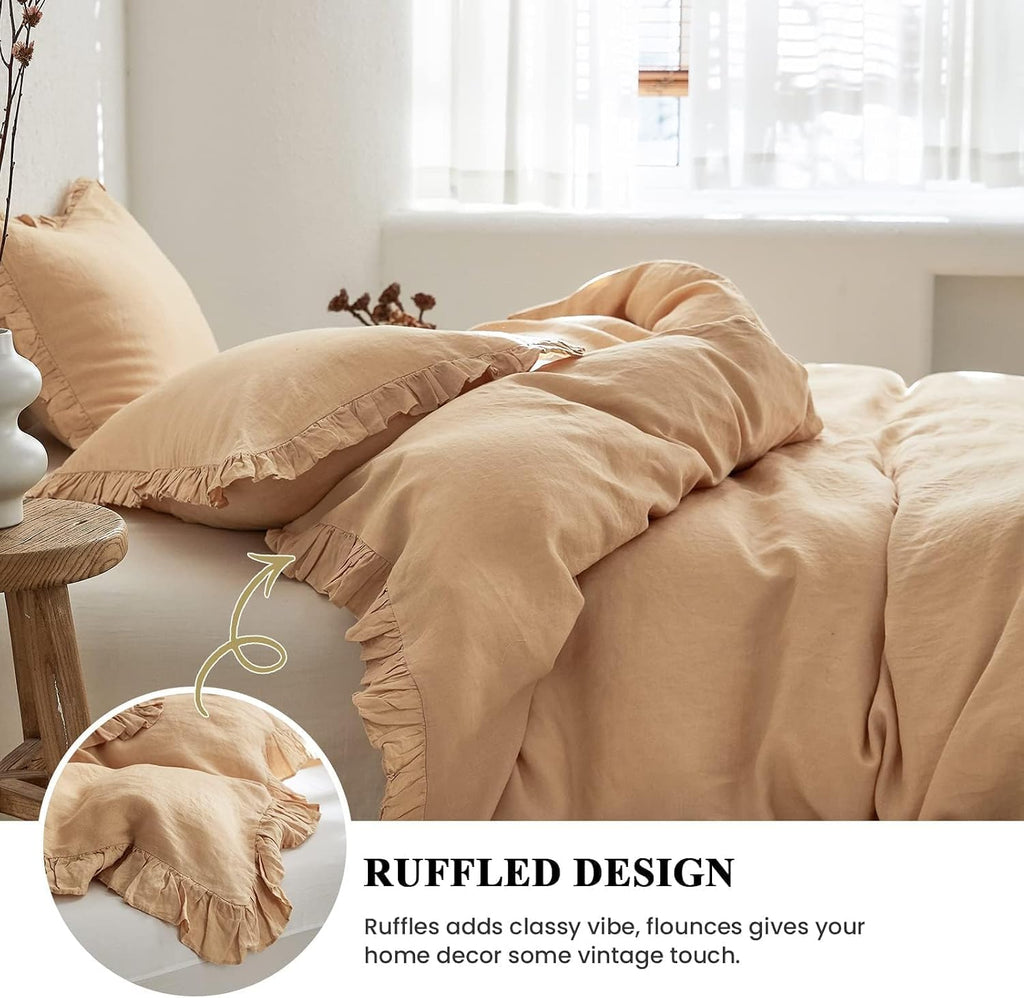 Simple&Opulence 100% Linen Duvet Cover Set, 3 PCS Natural French Flax Sand Ruffle Duvet Cover Full Size, Breathable Comfy Linen Bedding Comforter Cover with 2 Pillowcases (Sand, 78' X 86')
