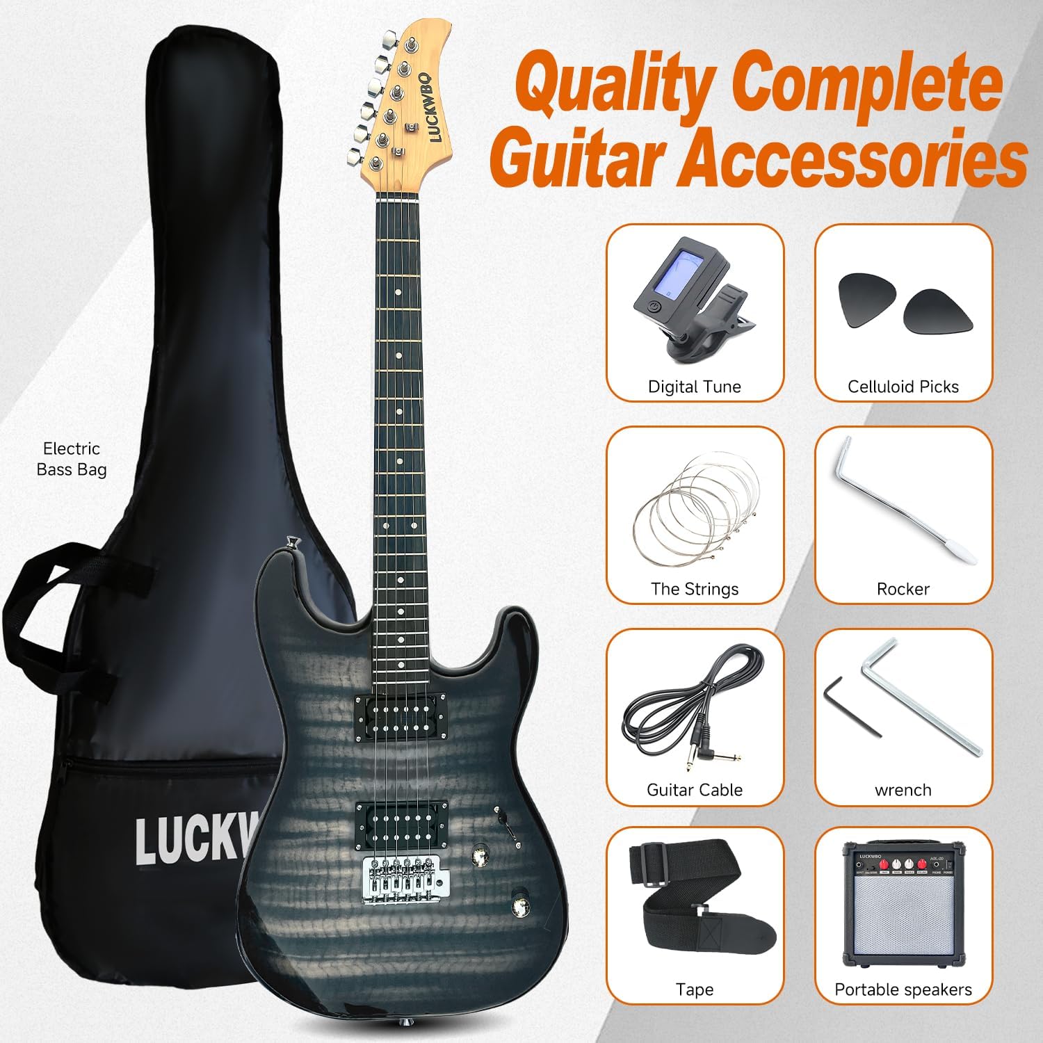 39' Full Size ST Style Electric Guitar Starter Kit with HH Pickup, 20W Portable Amp, Tuner, Gig Bag, Strap & Accessories (Black Flame)