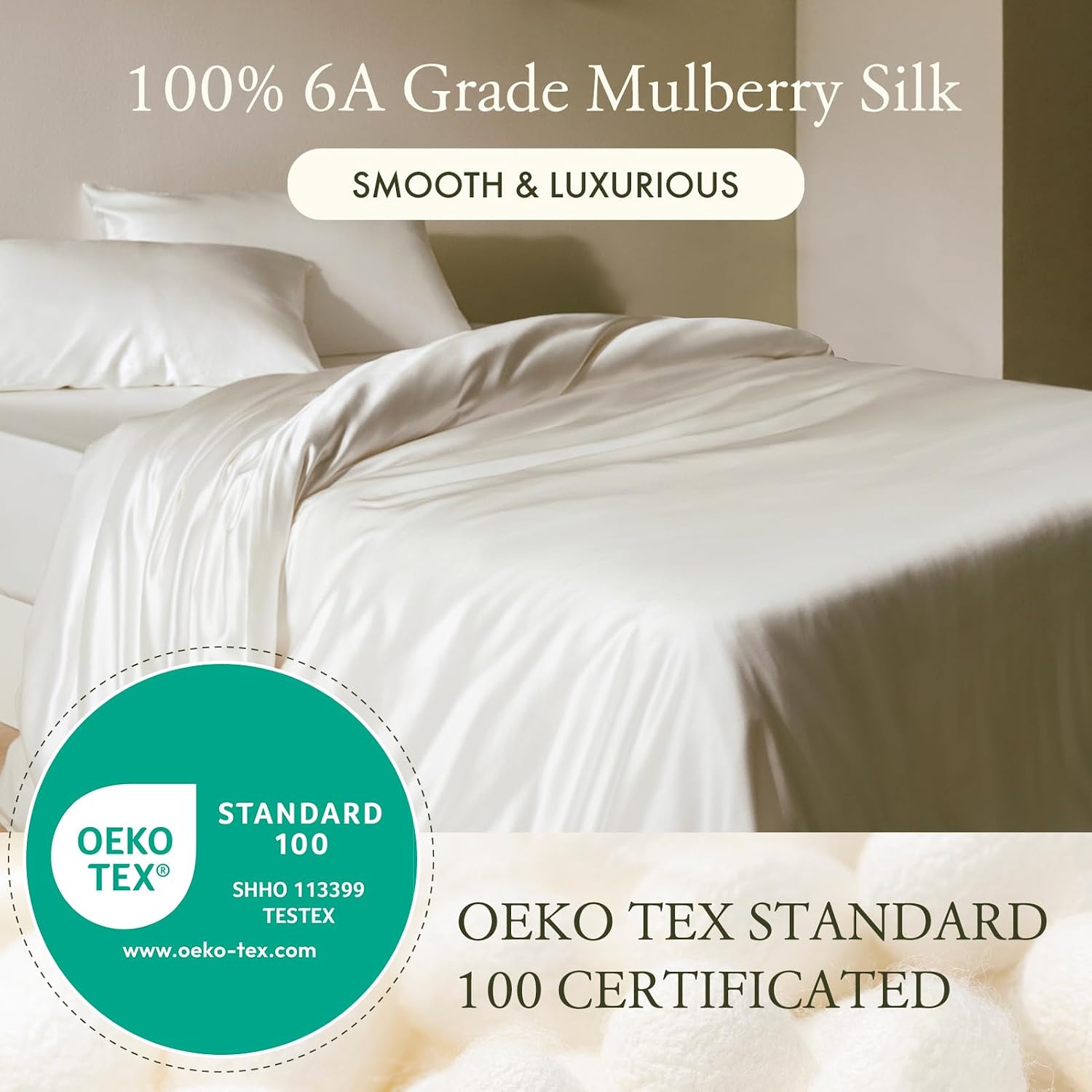 LilySilk 4PC Silk Fitted Sheet Set, 19 Momme Silk Bed Sheets, 1 Flat Sheet, 1 Fitted Sheet and 2 Oxford Silk Pillowcases, Silk Bedding Set 100% Top 6A Grade, Ivory, Twin Size