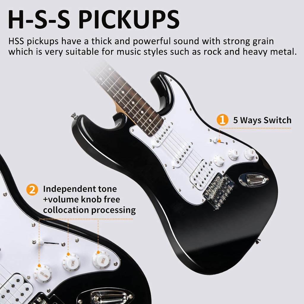 AODSK Electric Guitar with Amp Beginner Kit 39 Inch Solid Body Full Size,All Accessories,Digital Tuner,Six Strings,Four Picks,Tremolo Bar,Strap,Gig Bag,Starter kit (Black-HSS)
