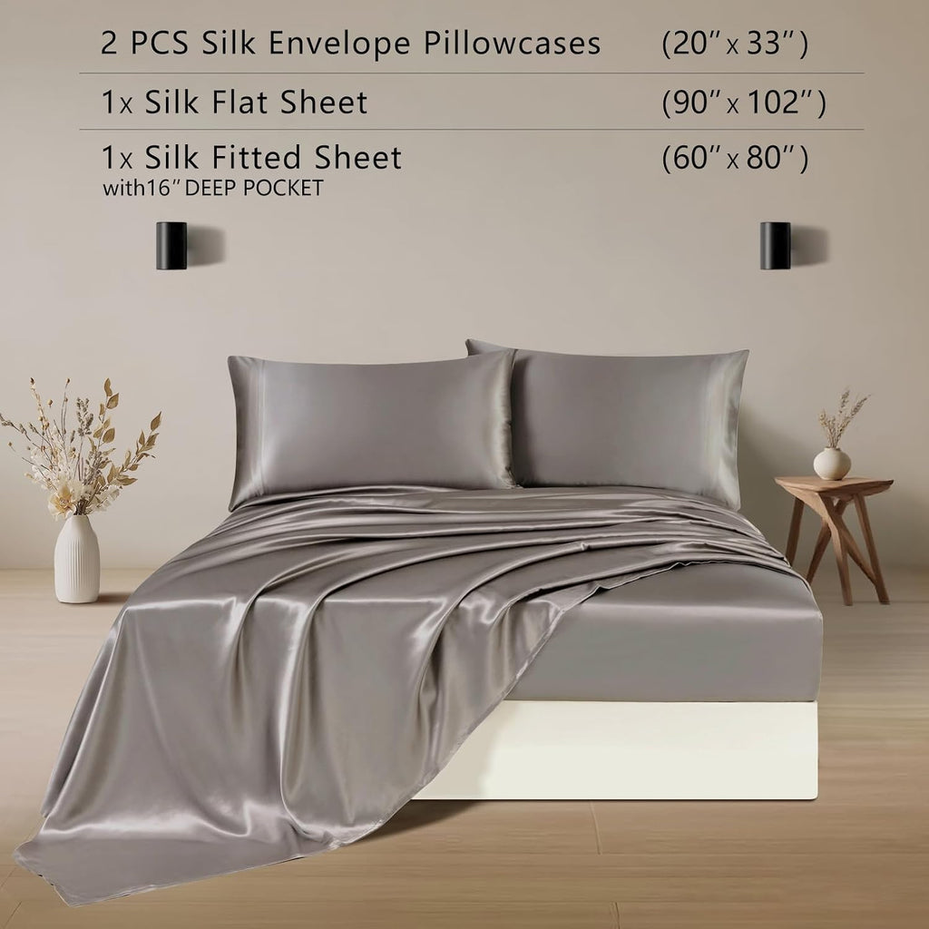 ZIMASILK 100% 19 Momme Pure Mulberry Silk Bedding 4-Pieces Set for Sleeping, Soft, Breathable & Hypoallergenic,for Hair & Skin Care (Queen Gray)