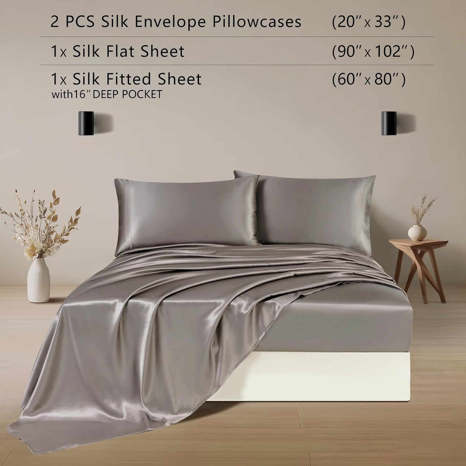 ZIMASILK 100% 19 Momme Pure Mulberry Silk Bedding 4-Pieces Set for Sleeping, Soft, Breathable & Hypoallergenic,for Hair & Skin Care (Queen Gray)