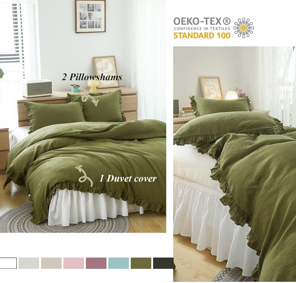 Simple&Opulence 100% Linen Duvet Cover Set, 3 PCS Natural French Flax Ruffle Duvet Cover King Size, Breathable Comfy Linen Bedding Comforter Cover with 2 Pillowcases (Olive Green, 104' X 92')