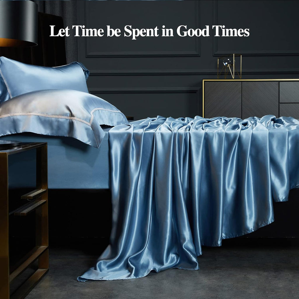 YOUR MOON 100% Mulberry Silk Sheets Set King Size 4 Pcs, 25 Momme Mulberry Silk Bed Sheets, Ultra Soft Luxury Bedding Sets, 1 Fitted Sheet, 1 Flat Sheet, 2 Pillow Shams (Blue Stream)