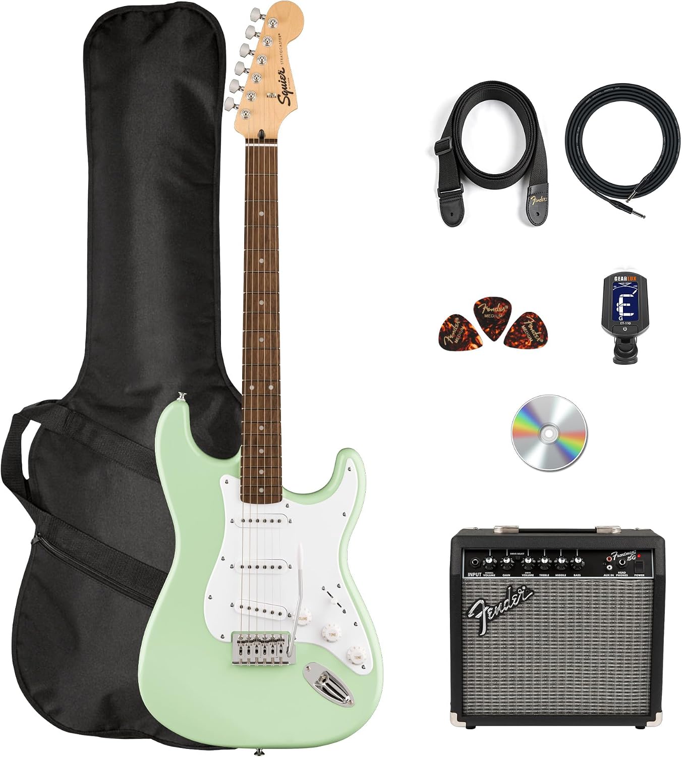 Fender Squier Sonic Stratocaster Pack - Surf Green Bundle with Frontman 10G Amp, Gig Bag, Instrument Cable, Strap, Picks, and 3-Month Fender Play
