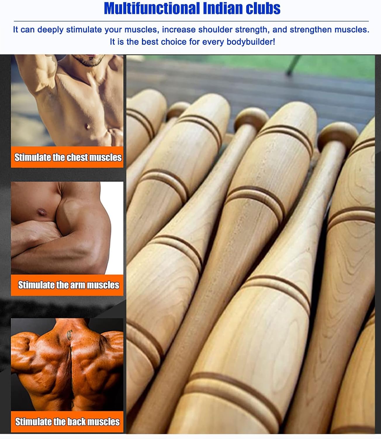 Wooden Indian Clubs 2lb/3lb/4lb Pair, All Body Workout/Strength Training Clubbell, Home Gym Equipment, Fitness Women & Men Exercise Clubs